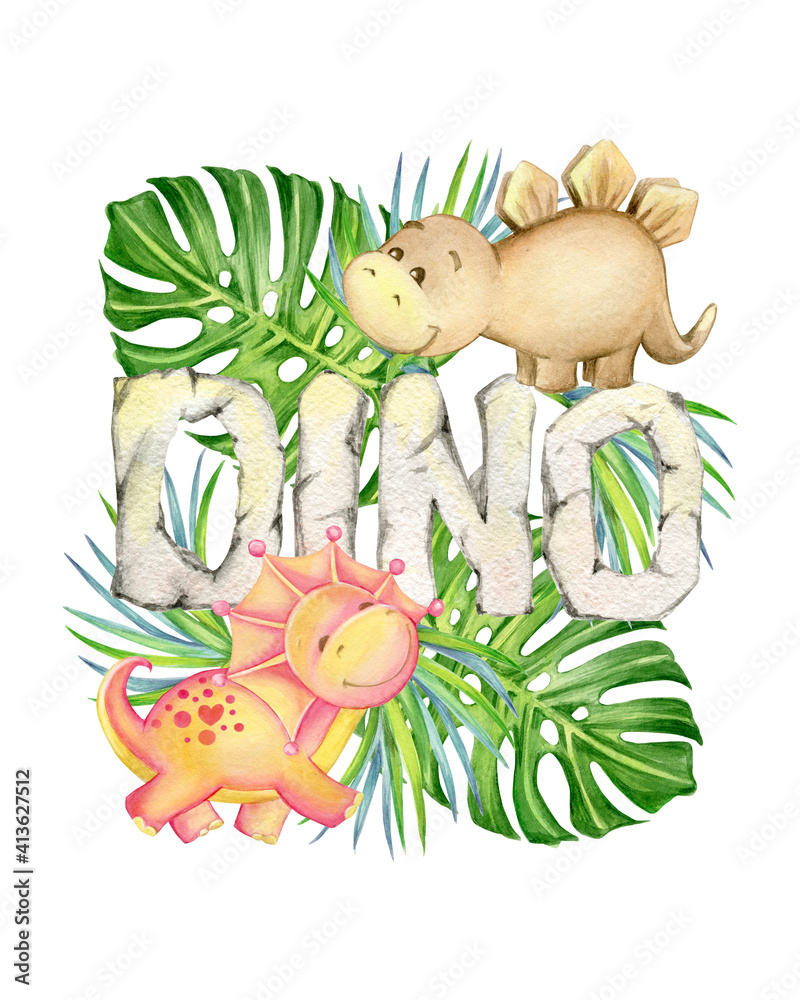 cute dinosaurs, brown and red colors, letters, tropical leaves. Watercolor, animal, cartoon style, on an isolated background, for children's decor.