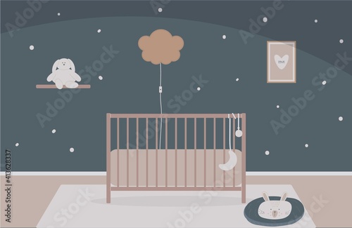 Interior of children bedroom,nursery or baby room with home decorations.Furniture - crib or cot bed, carpet, stuffed toy bunny on shelf,picture with heart. For ad furniture salon.Vector illustration