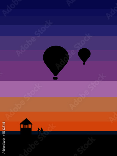 sunset in different colors, a couple next to the house, balloons in the sky