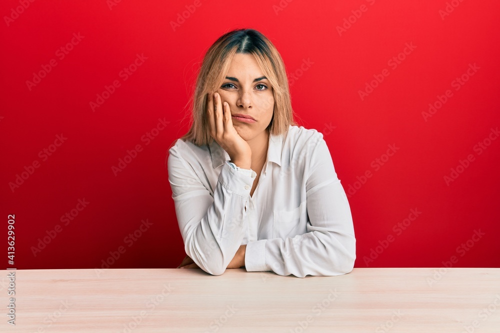 Young caucasian woman wearing casual clothes sitting on the table thinking looking tired and bored with depression problems with crossed arms. Young caucasian woman wearing casual clothes sitting on the table thinking looking tired and bored with depression problems with crossed arms.