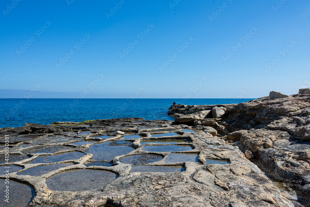 View of the Roman salt flats in Malta