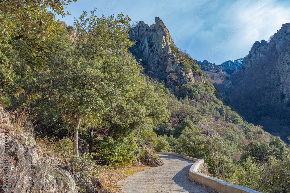 Empty road leading to the Abbey of Saint-Martin-du-Canigou, France