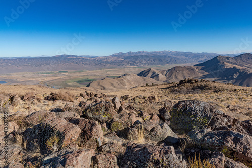 Overview from Monitor Pass in California, USA, showig rocky terrain of the Sierra Nevada and cloudless sky 