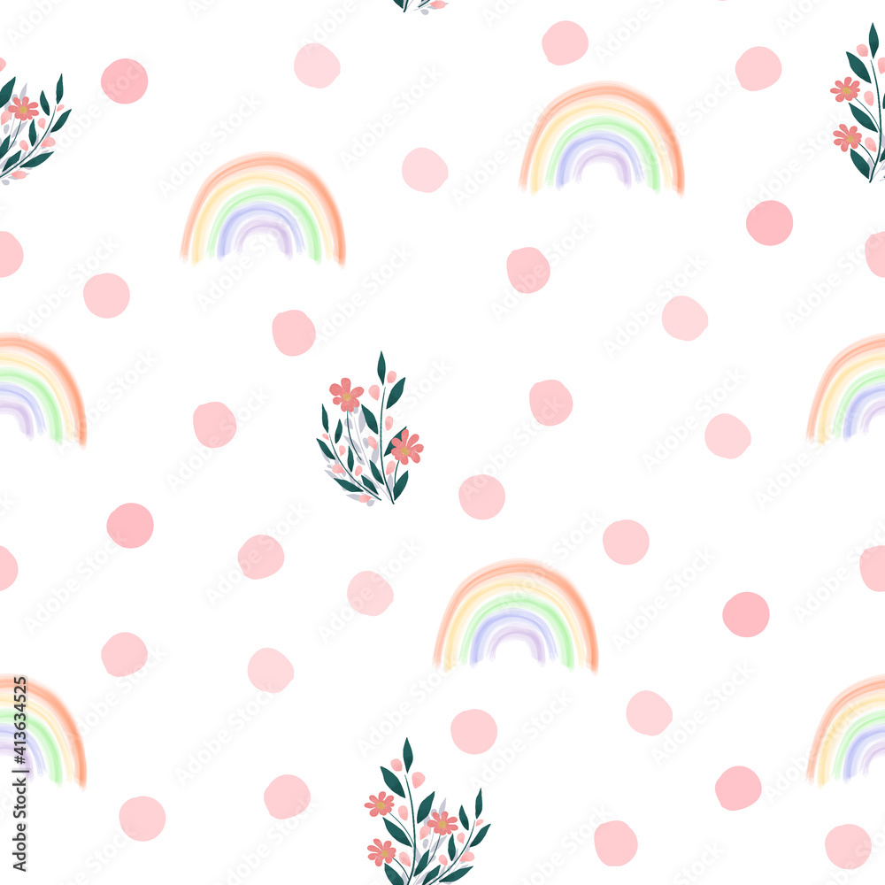 Floral seamless pattern. Seamless spring flower background. Hand drawn design, vector illustration. Delicate flowers with rainbow and pink spots. Cartoon design for kids, baby fabric, textile wrapping Floral seamless pattern. Seamless spring flower background. Hand drawn design, vector illustration. Delicate flowers with rainbow and pink spots. Cartoon design for kids, baby fabric, textile wrapping