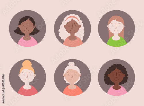 Cute character avatar illustration soft pastel colors. Diverse set of people with straight and curly hair different skin colors in round frames. 