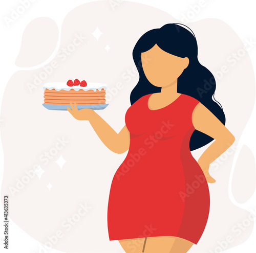 Body positive vector illustration. Plus size happy beautiful woman dressed in a red dress is holding a cake in her hand. Concept for the no diet day.