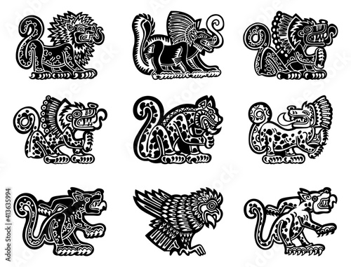 Set of stylized petroglyph style drawings of jaguar, lion, eagle. American native tribal style, aztec or maya art. Black and white, isolated for logo design. Vector stock illustration.