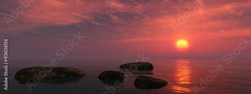 Stones in the water by the sea at sunset, rocky ocean beach at sunrise, 3D rendering