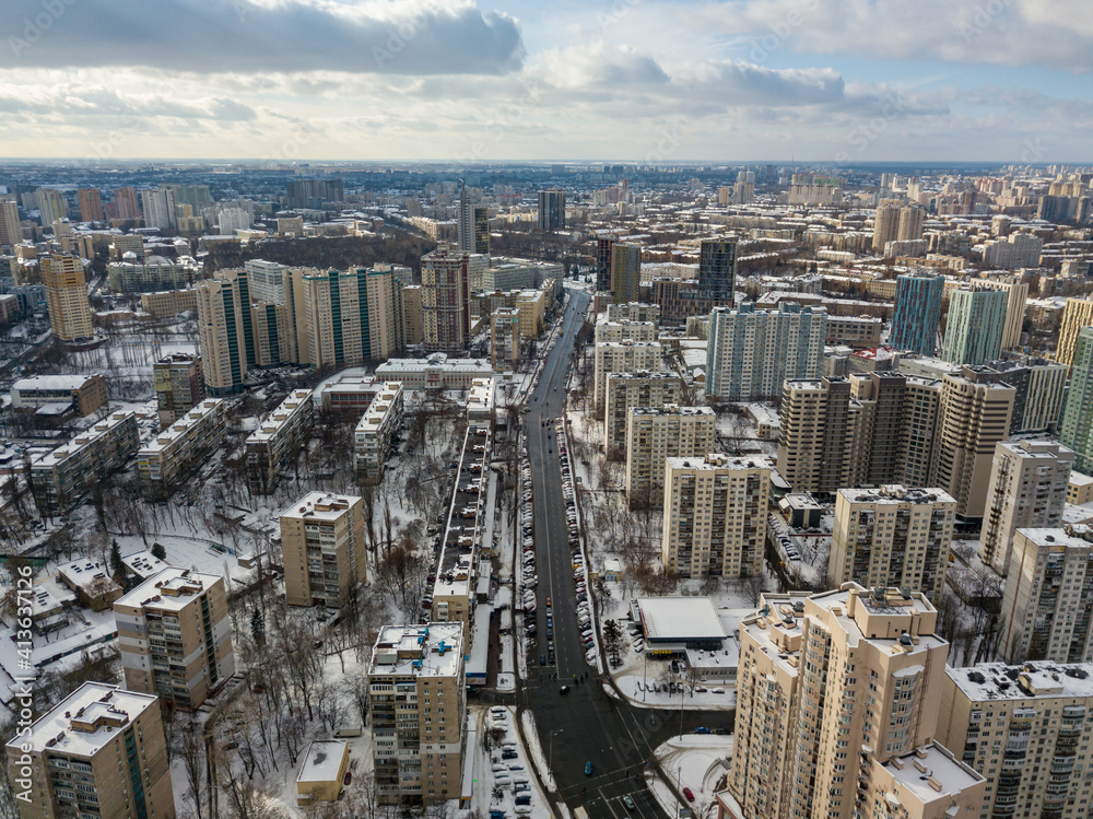 Snowy Kiev. Aerial drone view. Winter sunny morning.