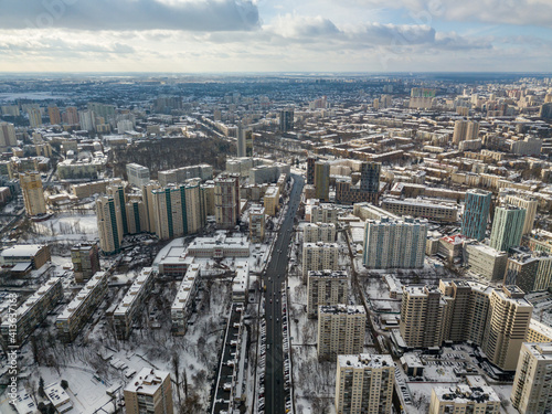 Snowy Kiev. Aerial drone view. Winter sunny morning.