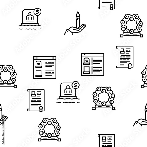 Funeral Burial Service Vector Seamless Pattern Thin Line Illustration