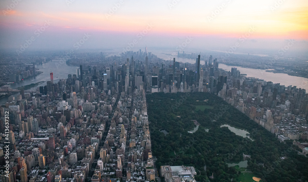 Aerial Skyline of New York City During Sunset