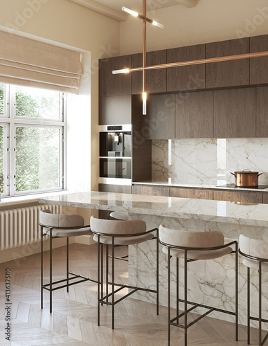 3d rendering of a modern beige kitchen with beige marble backsplash wooden panels, an island and contemporary stools, vertical closeup