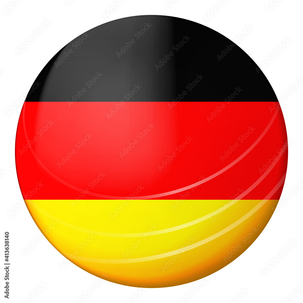 Naklejka premium Glass light ball with flag of Germany. Round sphere, template icon. German national symbol. Glossy realistic ball, 3D abstract vector illustration highlighted on a white background. Big bubble.