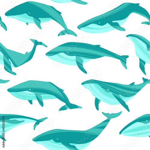 Decorative vector seamless pattern with whales. Ocean animals in trendy flat style.