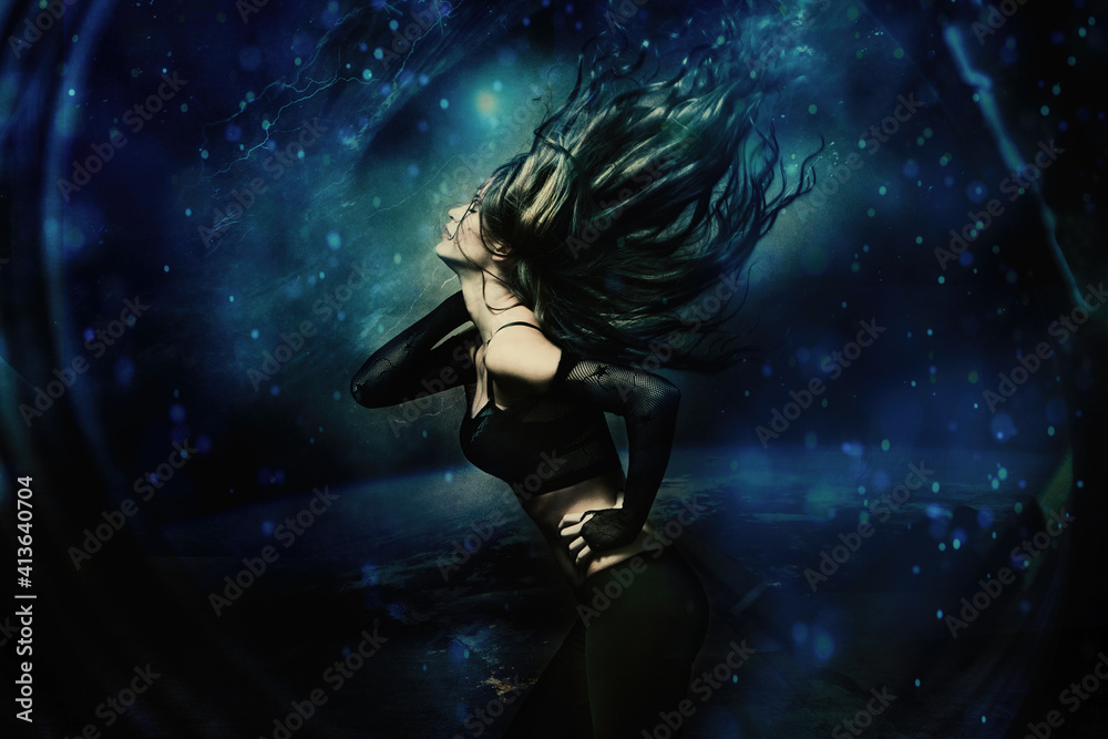 attractive young woman in motion  long hair fly dark space background