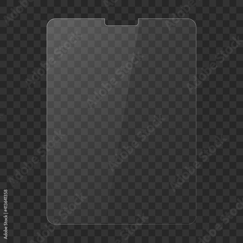 protective film, glass for the tablet With fuul screen. transparent with a glare of light, transparent glass on a transparent background.