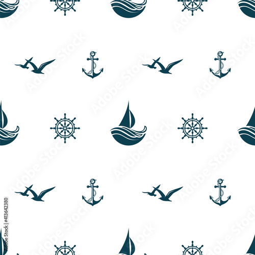 nautical seamless pattern with yacht, helm, anchor and seagulls on white background