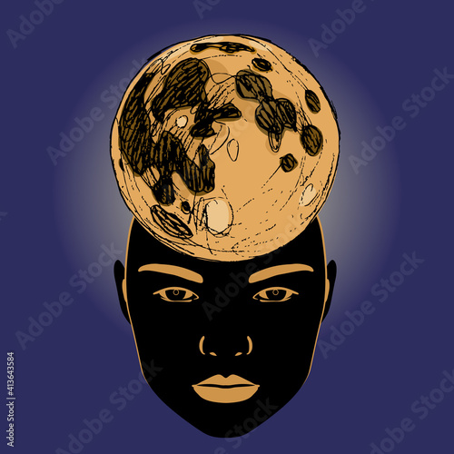 Female face with shining full moon on top of her head. Goddess Selene. Creative concept for nature and imagination. Female lunar archetype.