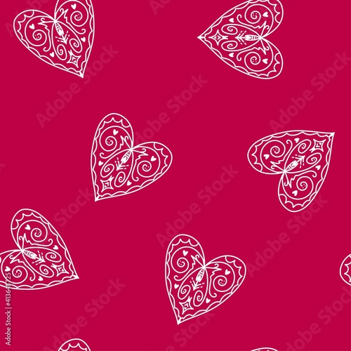 Seamless vector pattern from abstract openwork white hearts on a red background. Fantasy background of beautiful hearts for invitations, greeting cards, textiles. Festive pattern.