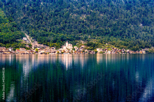A picturesque town on the shore of a mountain lake. tourist