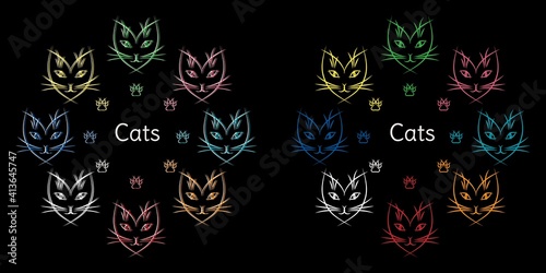 Multicolored cat faces with cat's paws in a circle on a dark gray background with space for text. Vector illustration.