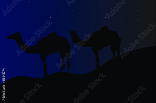 a silhouette of two arabian camel walking in sahra  isolated camels vector