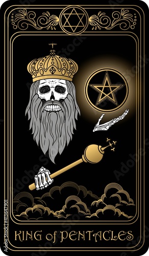 King of pentacles. Card of Minor arcana black and gold tarot cards. Tarot deck. Vector hand drawn illustration with skull, occult, mystical and esoteric symbols.