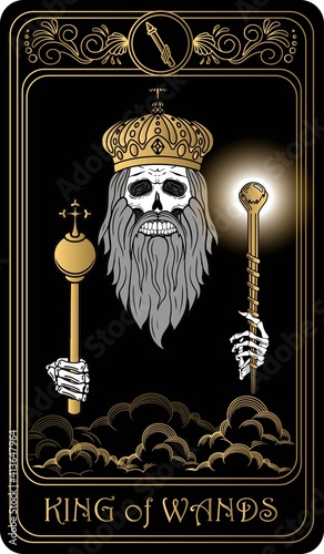 King of Wands. Card of Minor arcana black and gold tarot cards. Tarot deck. Vector hand drawn illustration with skulls, occult, mystical and esoteric symbols.
