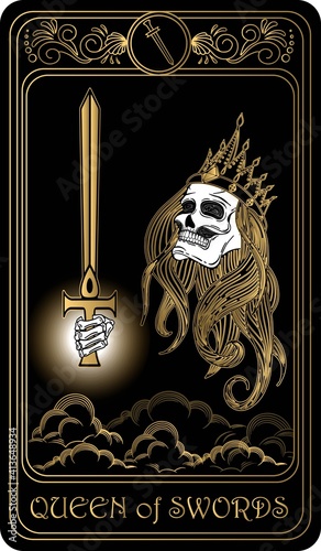 Queen of Swords. Card of Minor arcana black and gold tarot cards. Tarot deck. Vector hand drawn illustration with skull, occult, mystical and esoteric symbols.