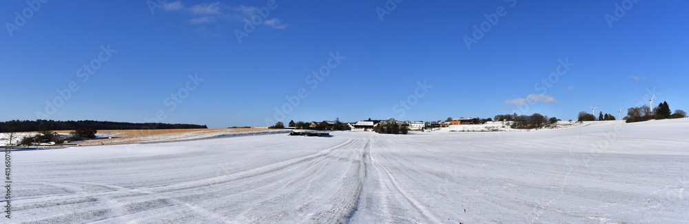 Wide winter landscape cold season wonderful panorama. Cold season with snow and blue sky.