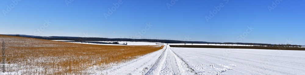 Winter snow cold rural winter landscape panorama. Cold season with snow and blue sky.