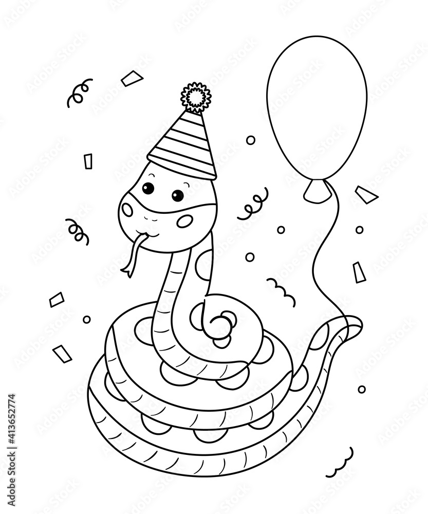 Jungle coloring page for kids. Happy Birthday vector illustration. Cute ...