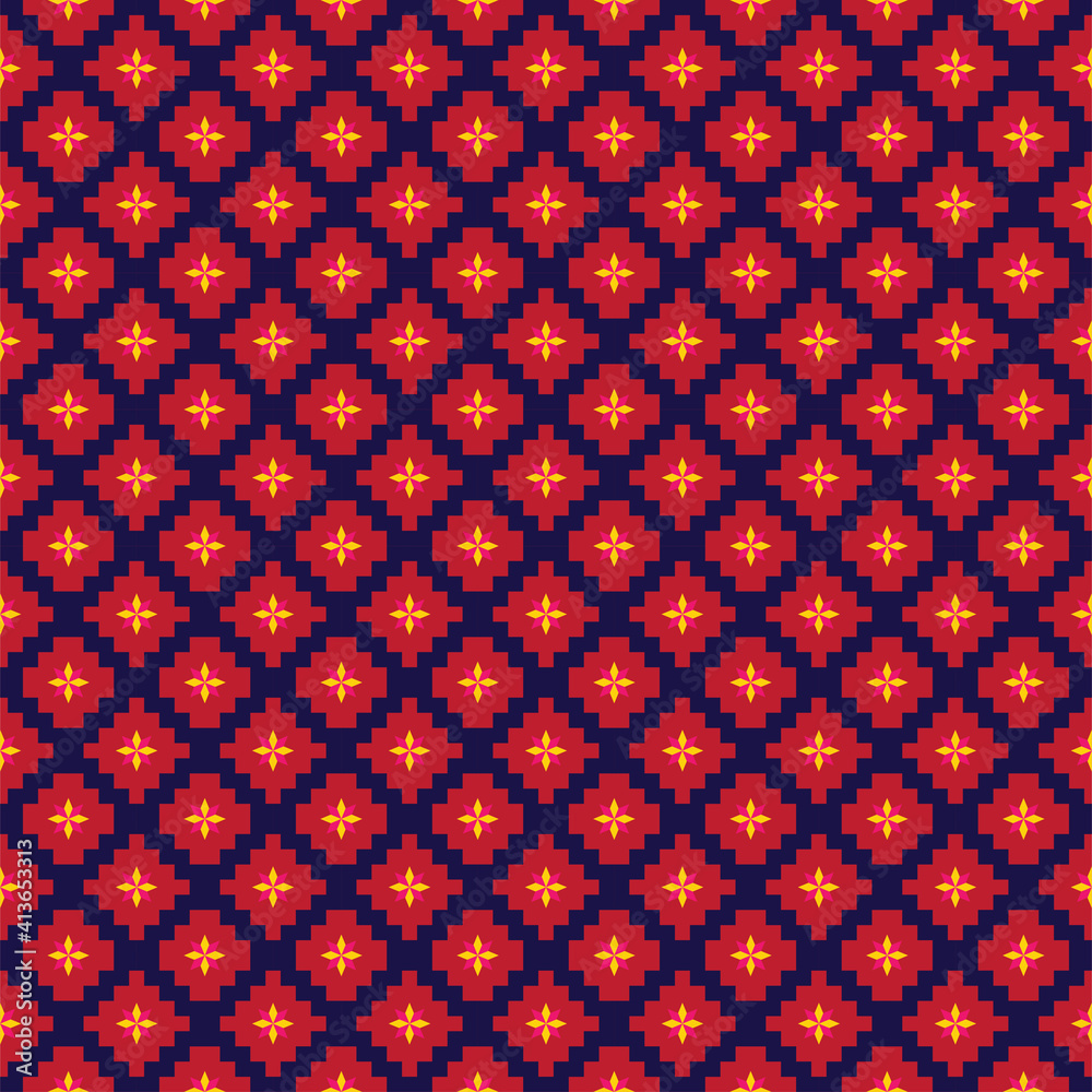 Abstract fabric Seamless pattern design with geometric shapes. red, navy blue, yellow, pink. Design for art, wallpaper, publications. And print clothes Costumes and decorations, Vector illustration Abstract fabric Seamless pattern design with geometric shapes. red, navy blue, yellow, pink. Design for art, wallpaper, publications. And print clothes Costumes and decorations, Vector illustration