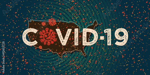 Coronavirus outbreak. Covid-19 viral infection. Worldwide spread of Coronaviruses. United States of America Country silhouette and lettering with virus cells.