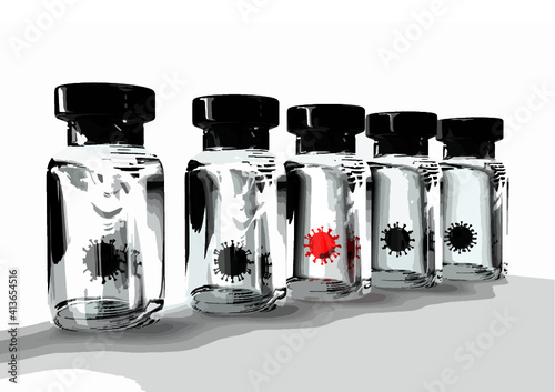 Coronavirus vaccine bottle render, mutant variant splitting and floating in jar COVID 19 virus
