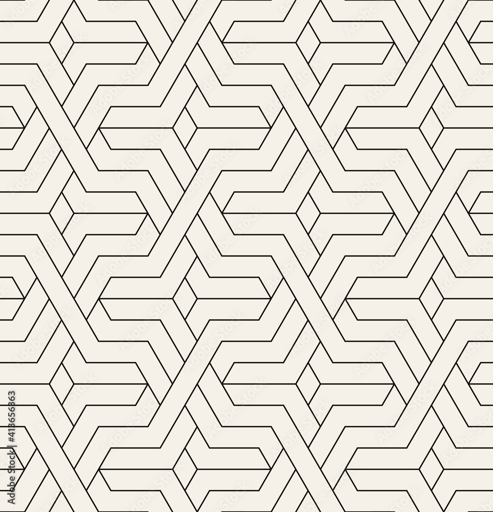 Vector seamless pattern. Modern stylish texture. Repeating geometric tiles with thin striped hexagons. Monochrome hexagonal trellis. Trendy graphic design. Can be used as swatch for illustrator.