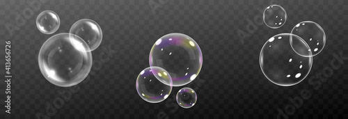 Vector set of soap bubbles. Realistic soap, glare. Foam bubbles png. Powder, soap, detergent. Vector image.