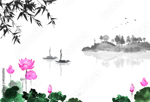Oriental landscape with lotus flowers, fishing boat, bamboo and island with trees. Traditional oriental ink painting sumi-e, u-sin, go-hua.
