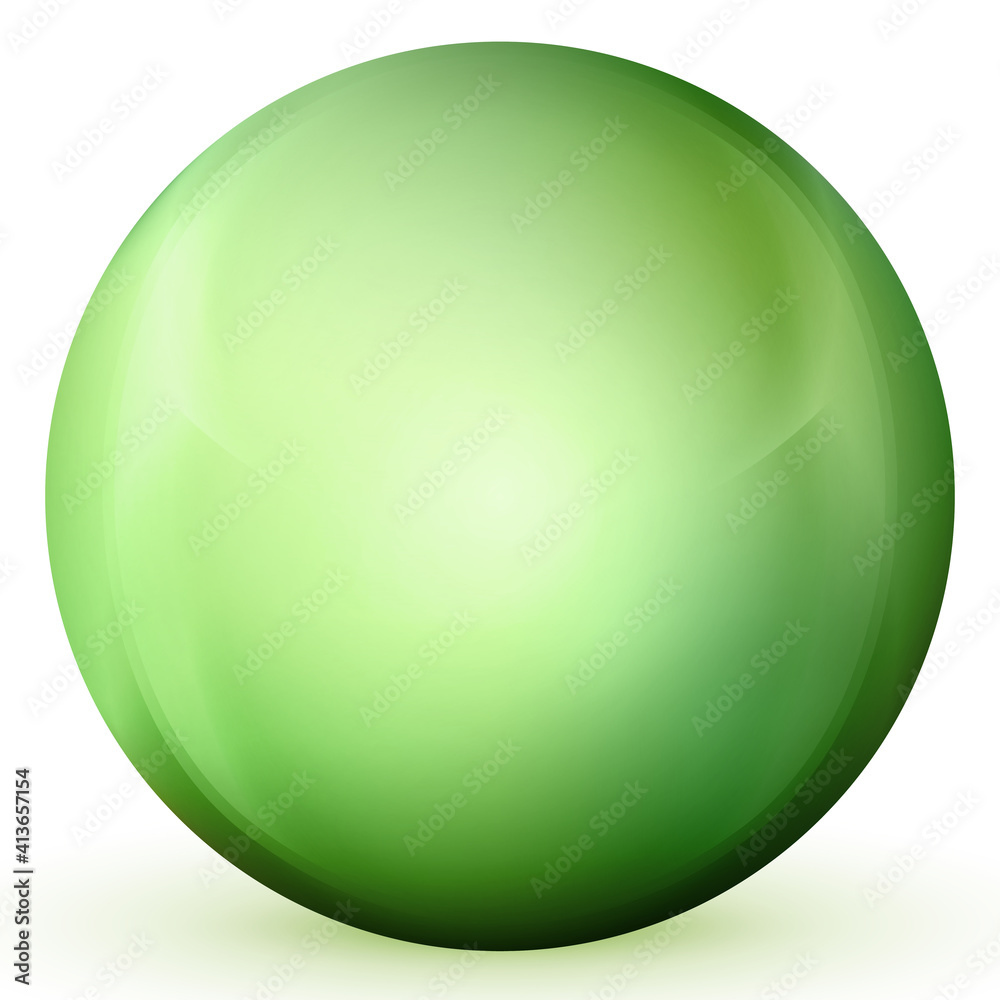 Glass green ball or precious pearl. Glossy realistic ball, 3D abstract vector illustration highlighted on a white background. Big metal bubble with shadow. Glass green ball or precious pearl. Glossy realistic ball, 3D abstract vector illustration highlighted on a white background. Big metal bubble with shadow.