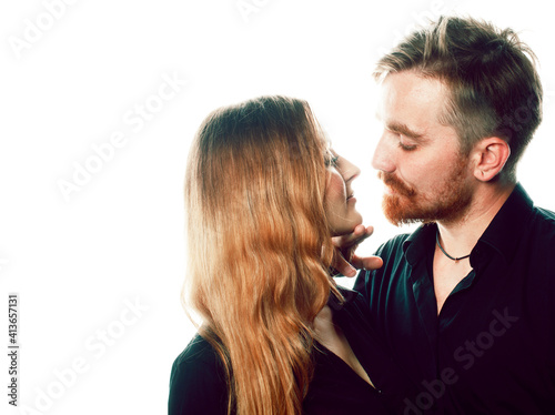 young tender couple, man and woman in love isolated on white, fooling around real modern hipster marriage, lifestyle people concept