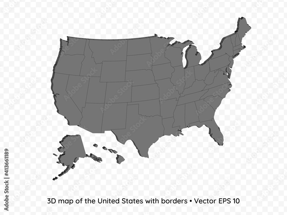 3D map of the United States with borders isolated on transparent background, vector eps illustration