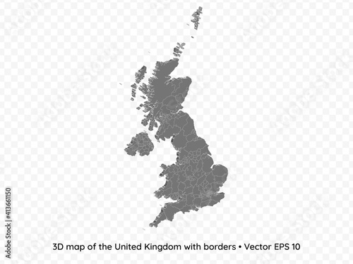 3D map of the United Kingdom with borders isolated on transparent background, vector eps illustration
