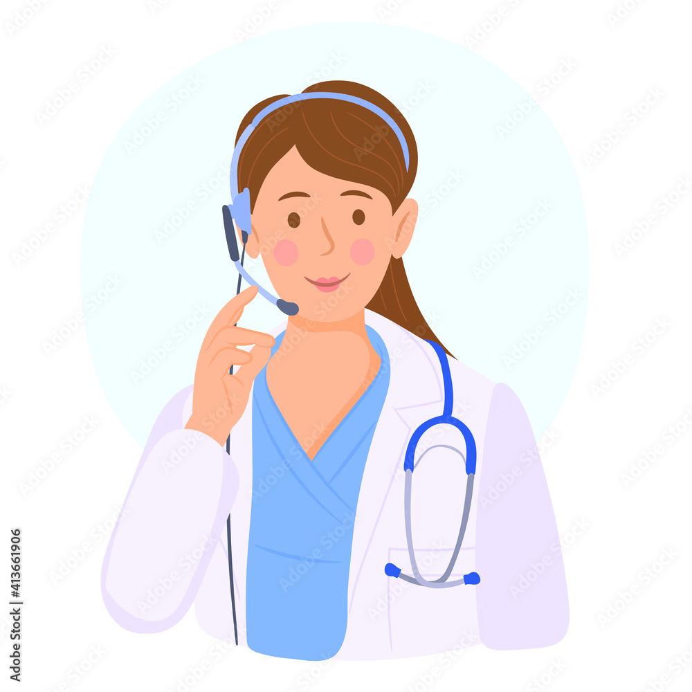 Female doctor taking a call with headphones Female doctor taking a call with headphones