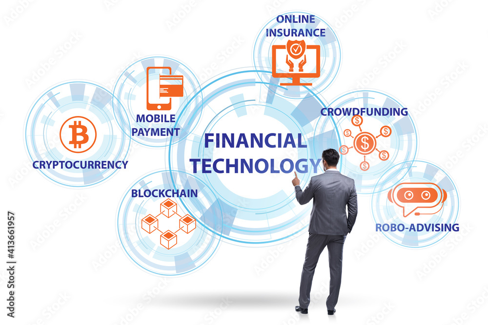 Financial technology concept with businessman pressing button Financial technology concept with businessman pressing button
