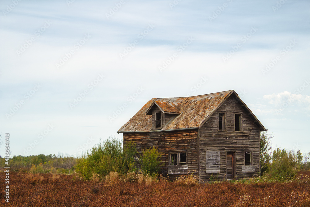 A beautiful wooden weathered two story old farm house dotted with green shrubs under a sunny sky in a countryside landscape