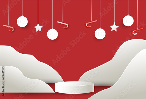 Merry Christmas and paper style product podium background