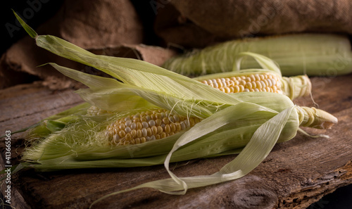 Billede på lærred Fresh Raw Corn on Cobs on an old wooden table