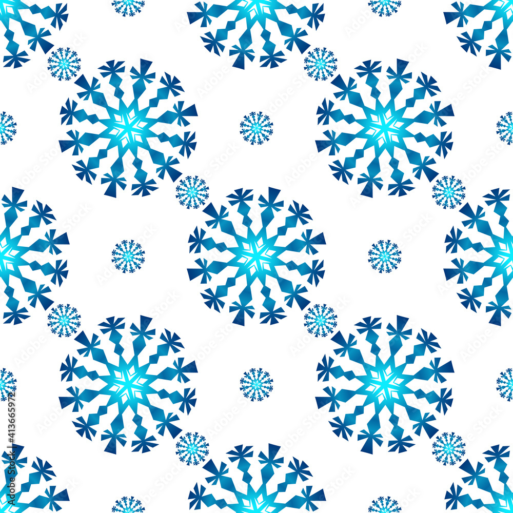 Winter seamless pattern with colorful gradient snowflakes on white background. Vector illustration for fabric, textile wallpaper, posters, gift wrapping paper. Christmas vector illustration. Winter seamless pattern with colorful gradient snowflakes on white background. Vector illustration for fabric, textile wallpaper, posters, gift wrapping paper. Christmas vector illustration.