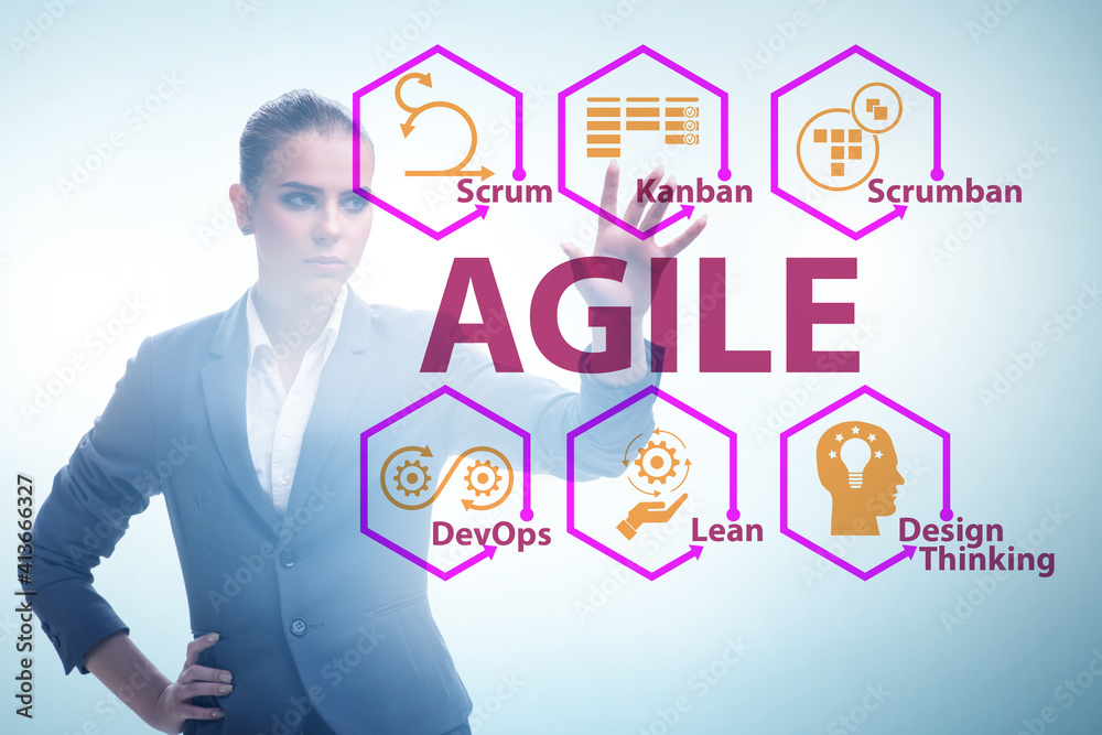 Agile concept with business people pressing buttons Agile concept with business people pressing buttons